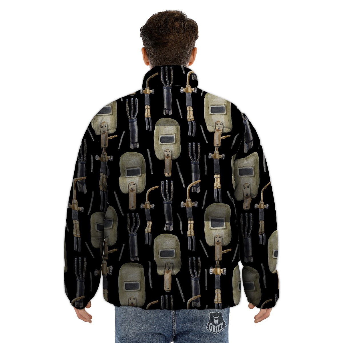Welder Watercolor Print Pattern Puffer Jacket-grizzshop