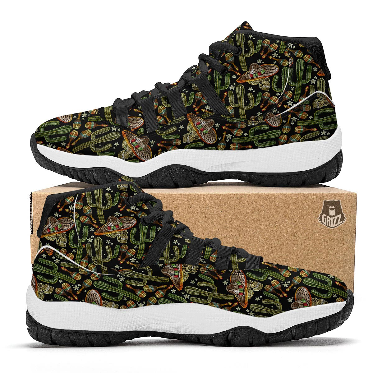 Western Cowboy Cactus Pattern Print Black Bball Shoes-grizzshop