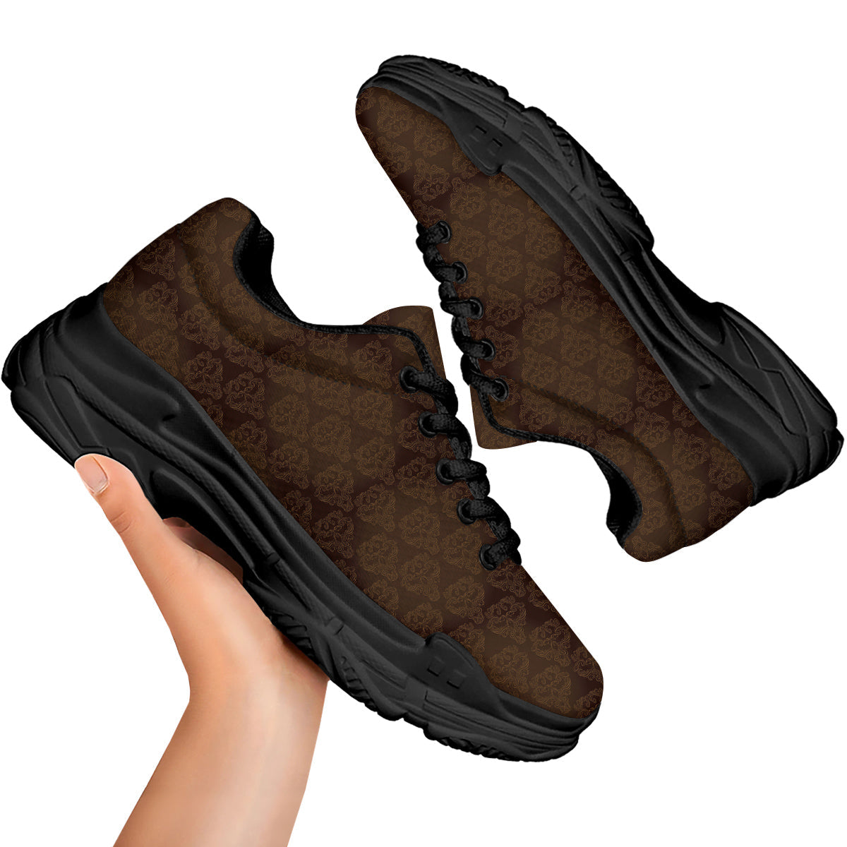 Western Damask Dark Brown Print Black Chunky Shoes-grizzshop