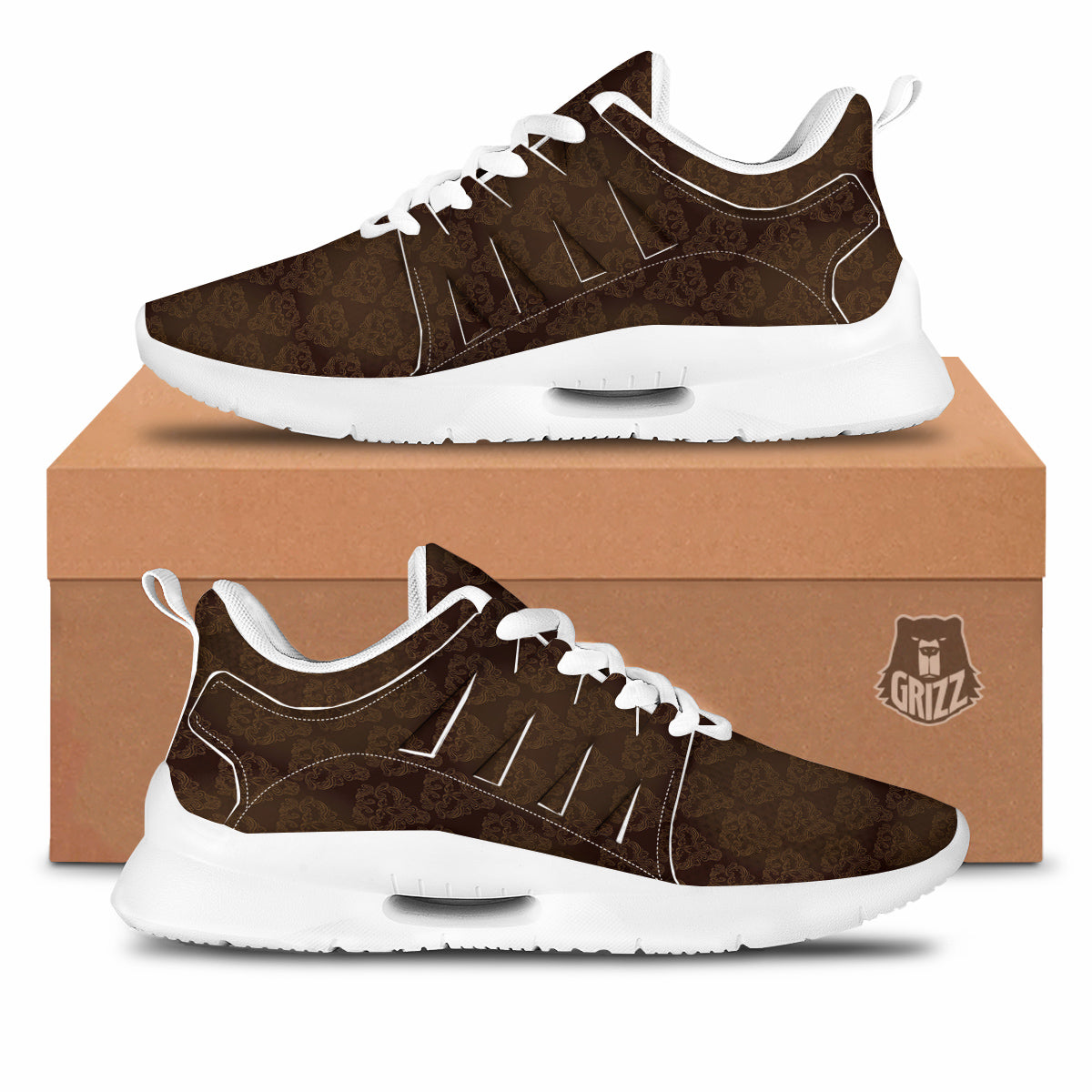 Western Damask Dark Brown Print Tennis Shoes-grizzshop