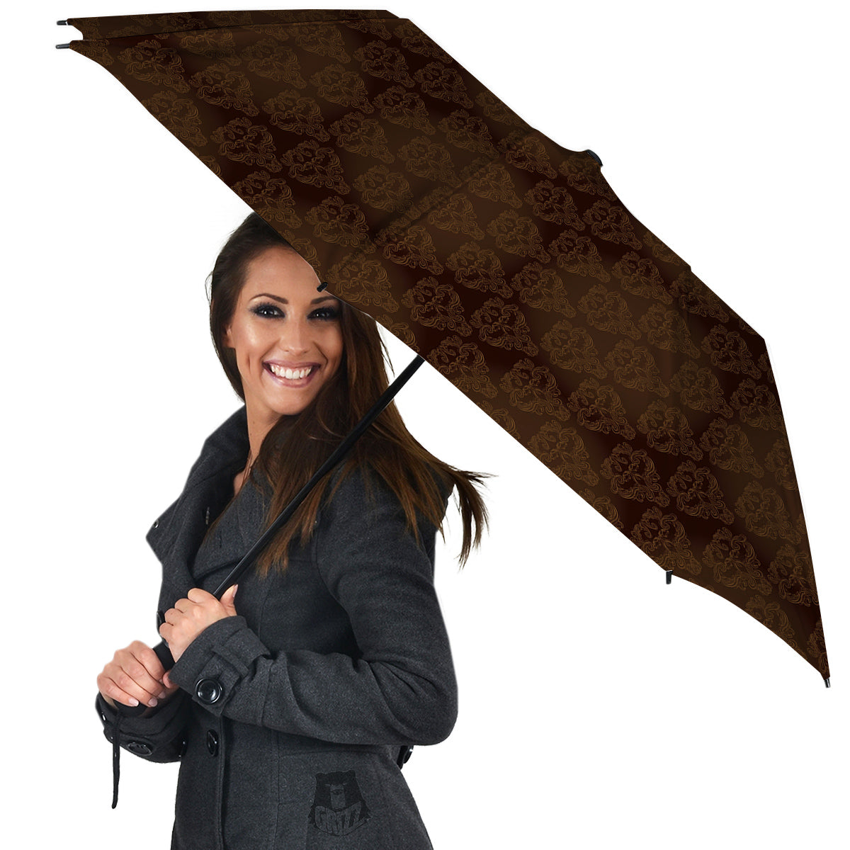 Western Damask Dark Brown Print Umbrella-grizzshop