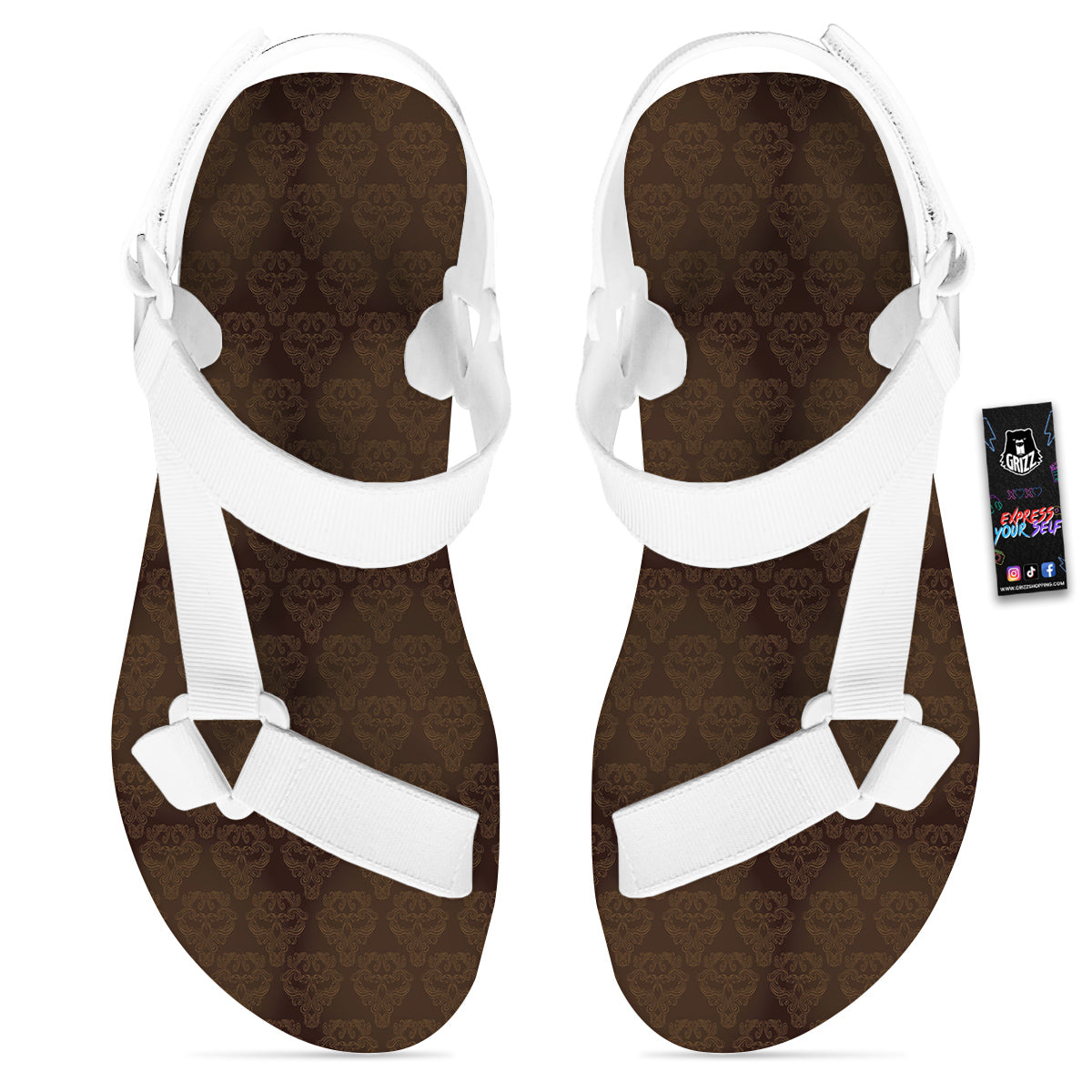Western Damask Dark Brown Print White Open Toe Sandals-grizzshop