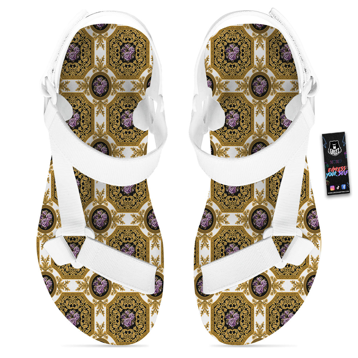Western Damask Ornamental Print White Open Toe Sandals-grizzshop