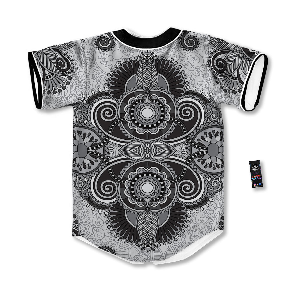 Western Floral Grey And Black Print Baseball Jersey-grizzshop