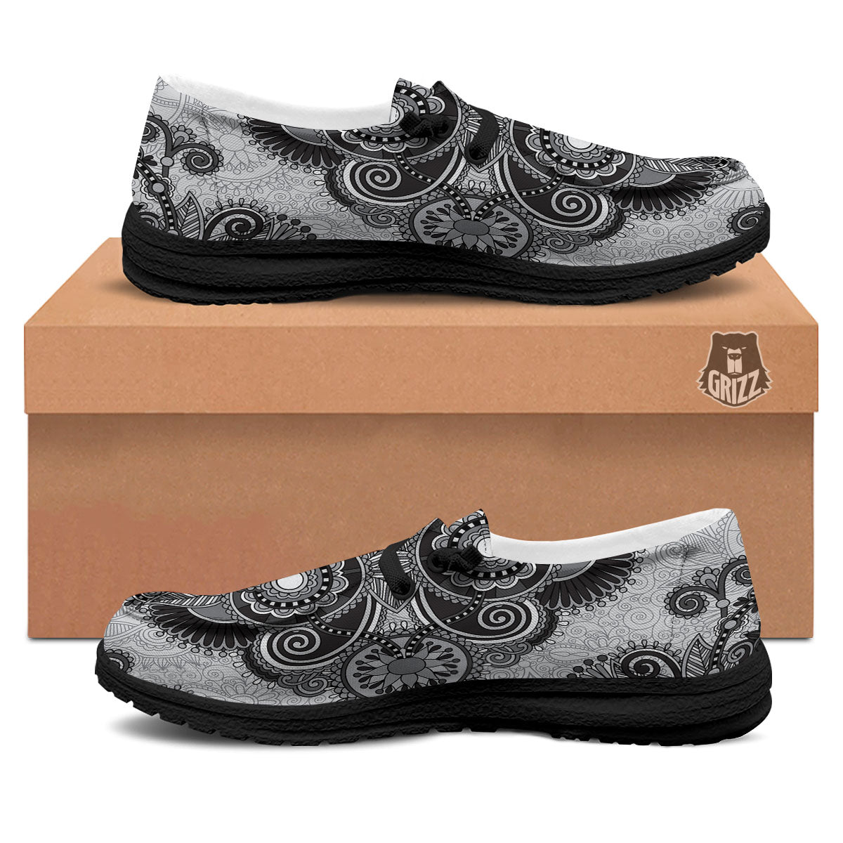 Western Floral Grey And Black Print Black Loafers-grizzshop