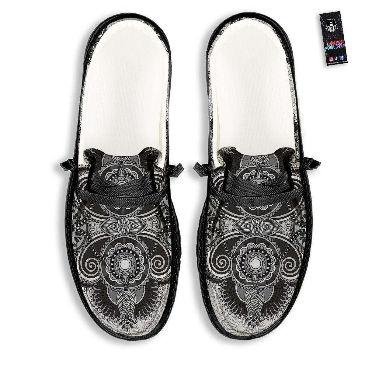 Western Floral Grey And Black Print Black Loafers-grizzshop
