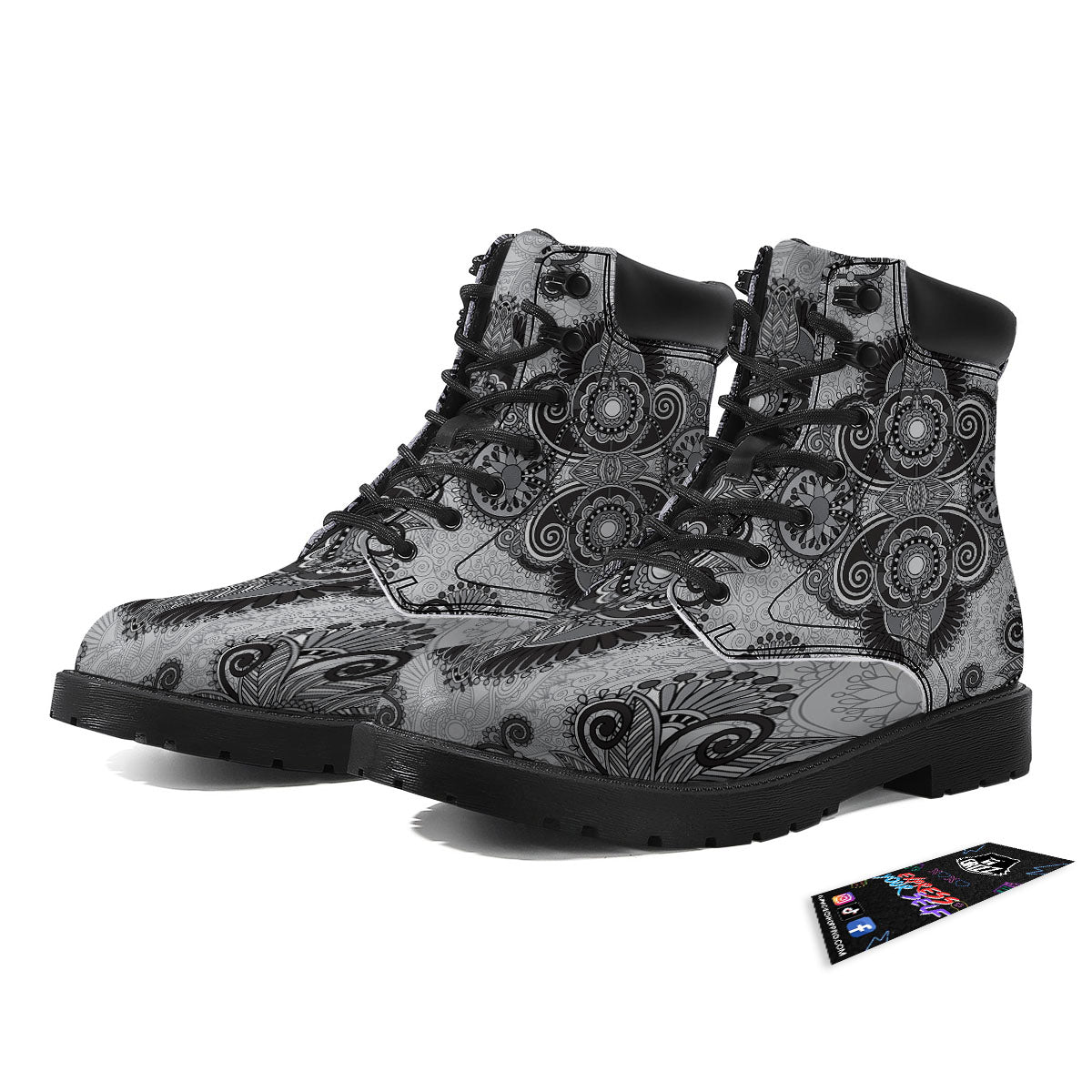 Western Floral Grey And Black Print Boots-grizzshop
