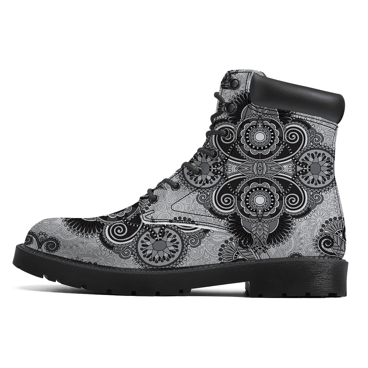 Western Floral Grey And Black Print Boots-grizzshop