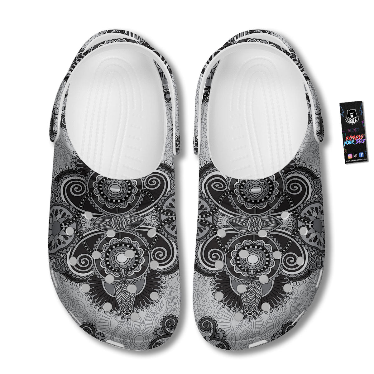 Western Floral Grey And Black Print Clog-grizzshop
