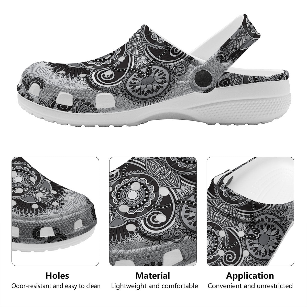 Western Floral Grey And Black Print Clog-grizzshop