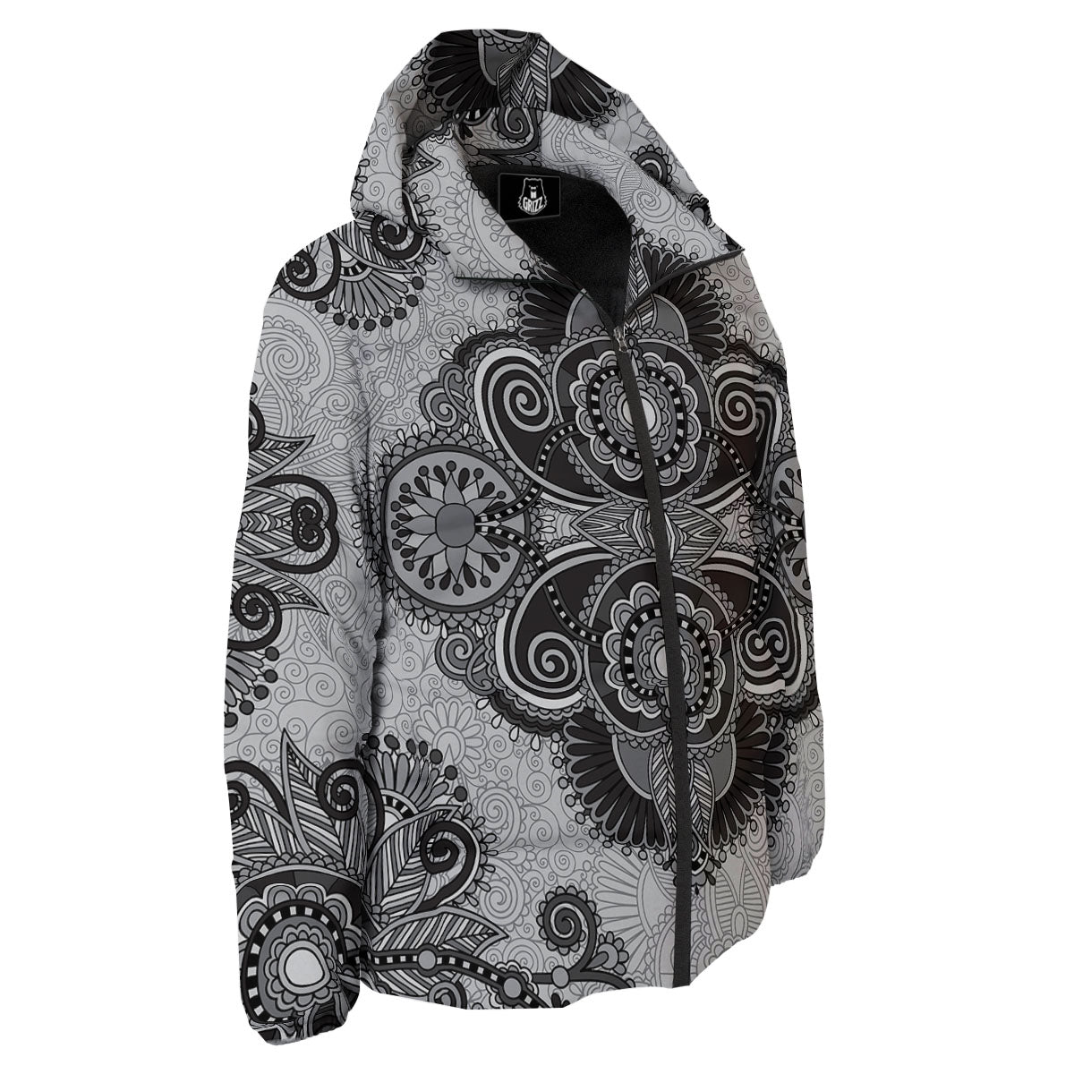 Western Floral Grey And Black Print Down Jacket-grizzshop