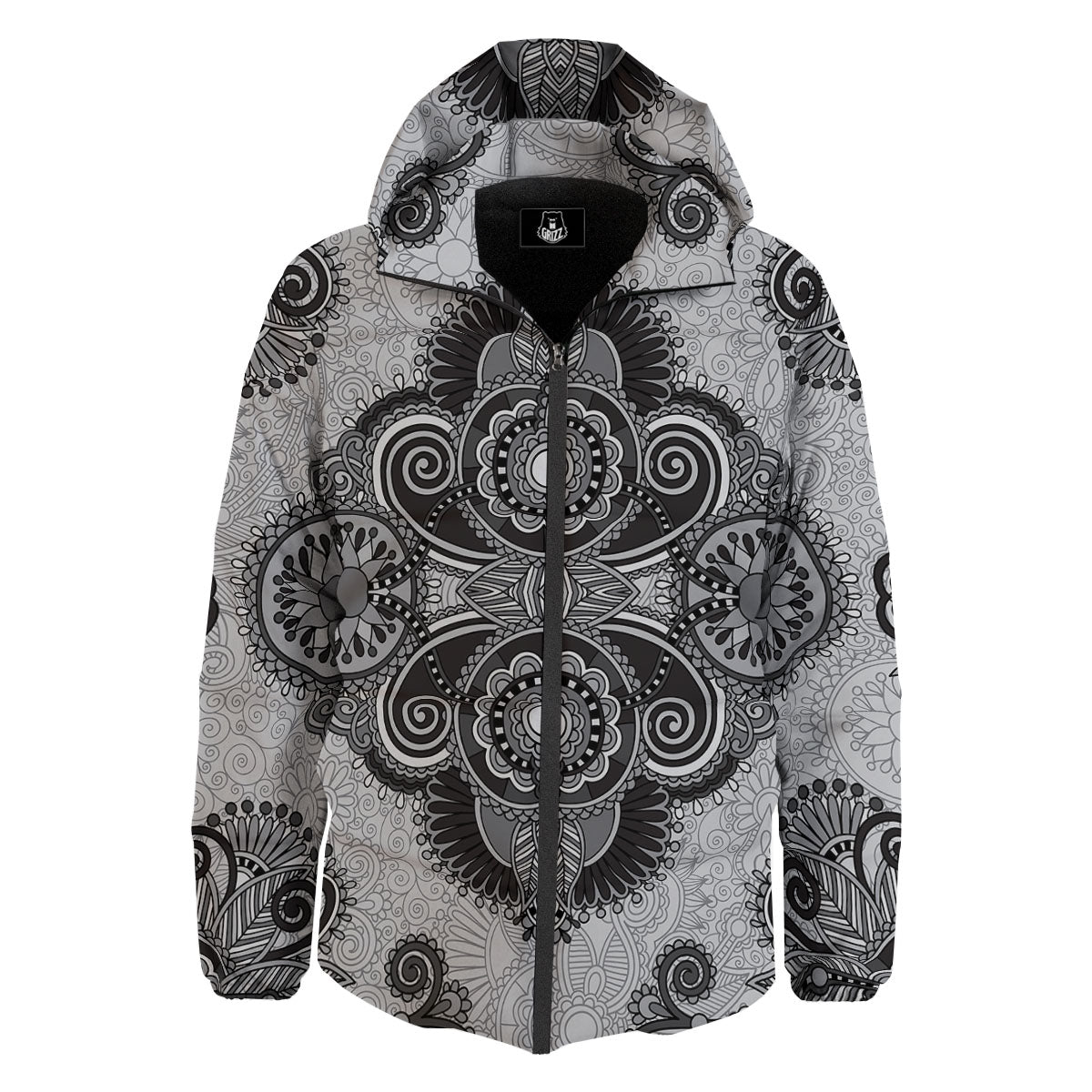 Western Floral Grey And Black Print Down Jacket-grizzshop