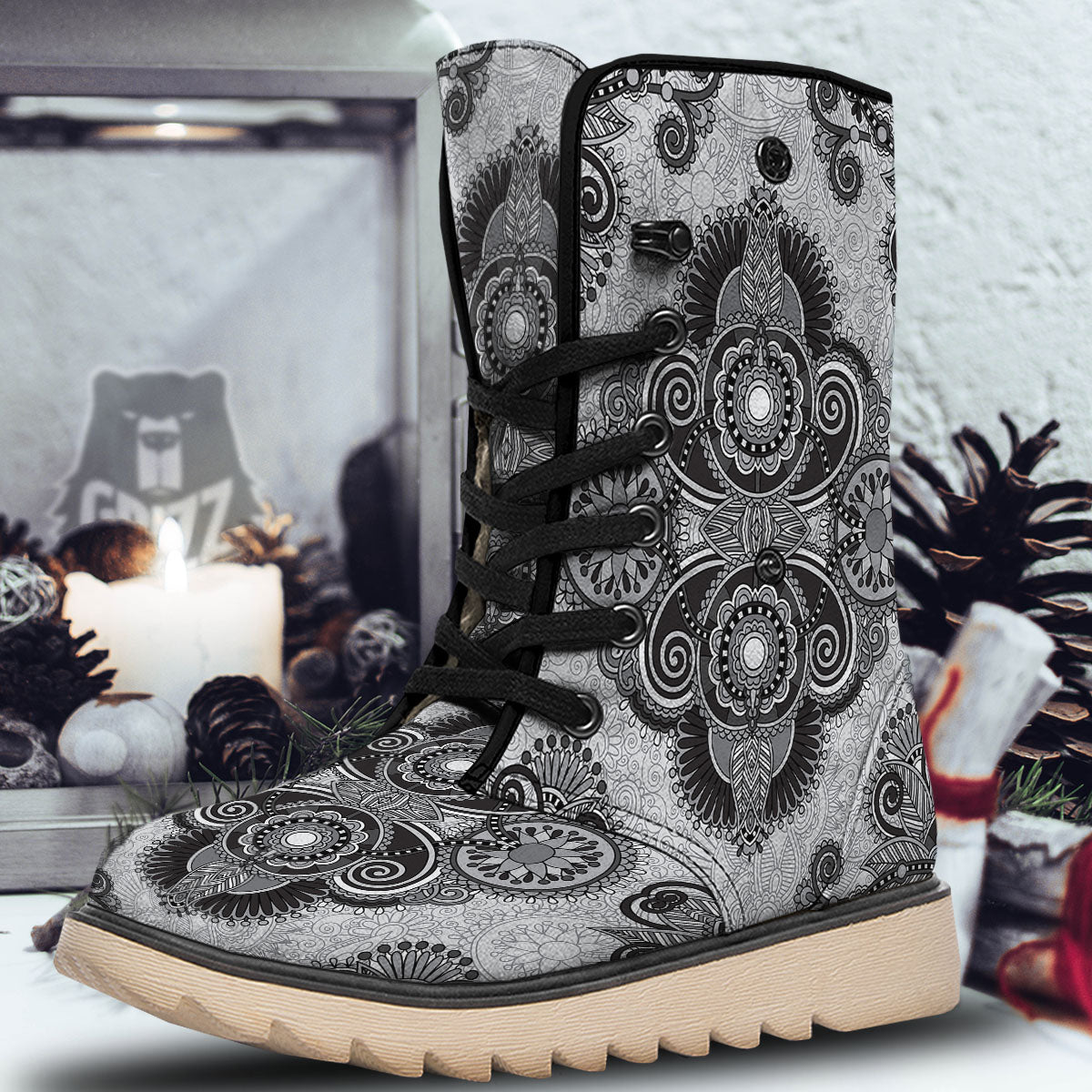 Western Floral Grey And Black Print Snow Boots-grizzshop