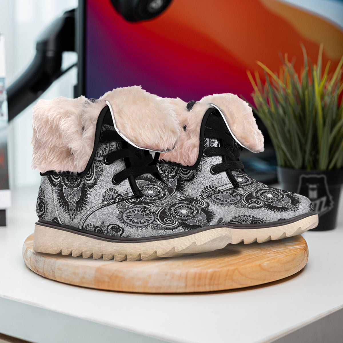 Western Floral Grey And Black Print Snow Boots-grizzshop