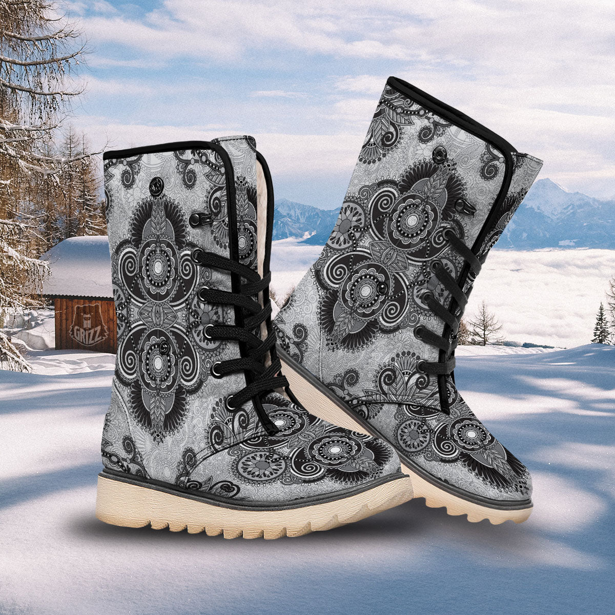 Western Floral Grey And Black Print Snow Boots-grizzshop
