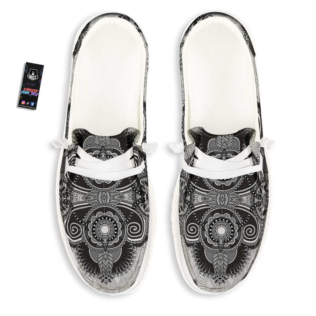 Western Floral Grey And Black Print White Loafers-grizzshop
