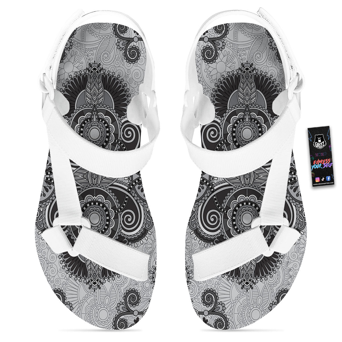 Western Floral Grey And Black Print White Open Toe Sandals-grizzshop