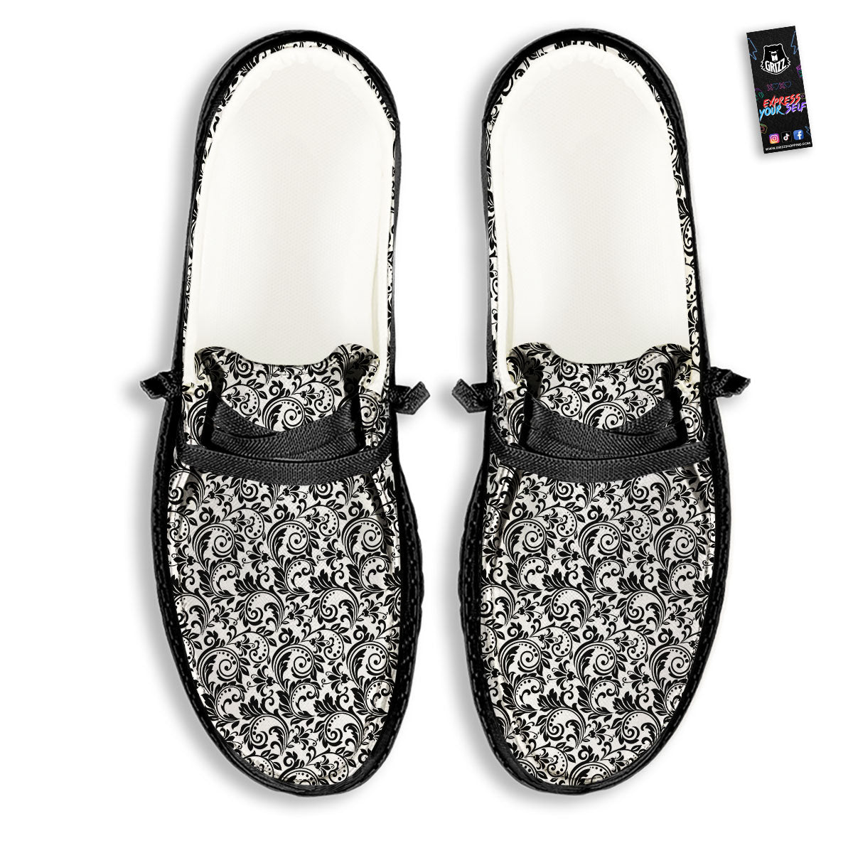 Western Flower White And Black Print Black Loafers-grizzshop