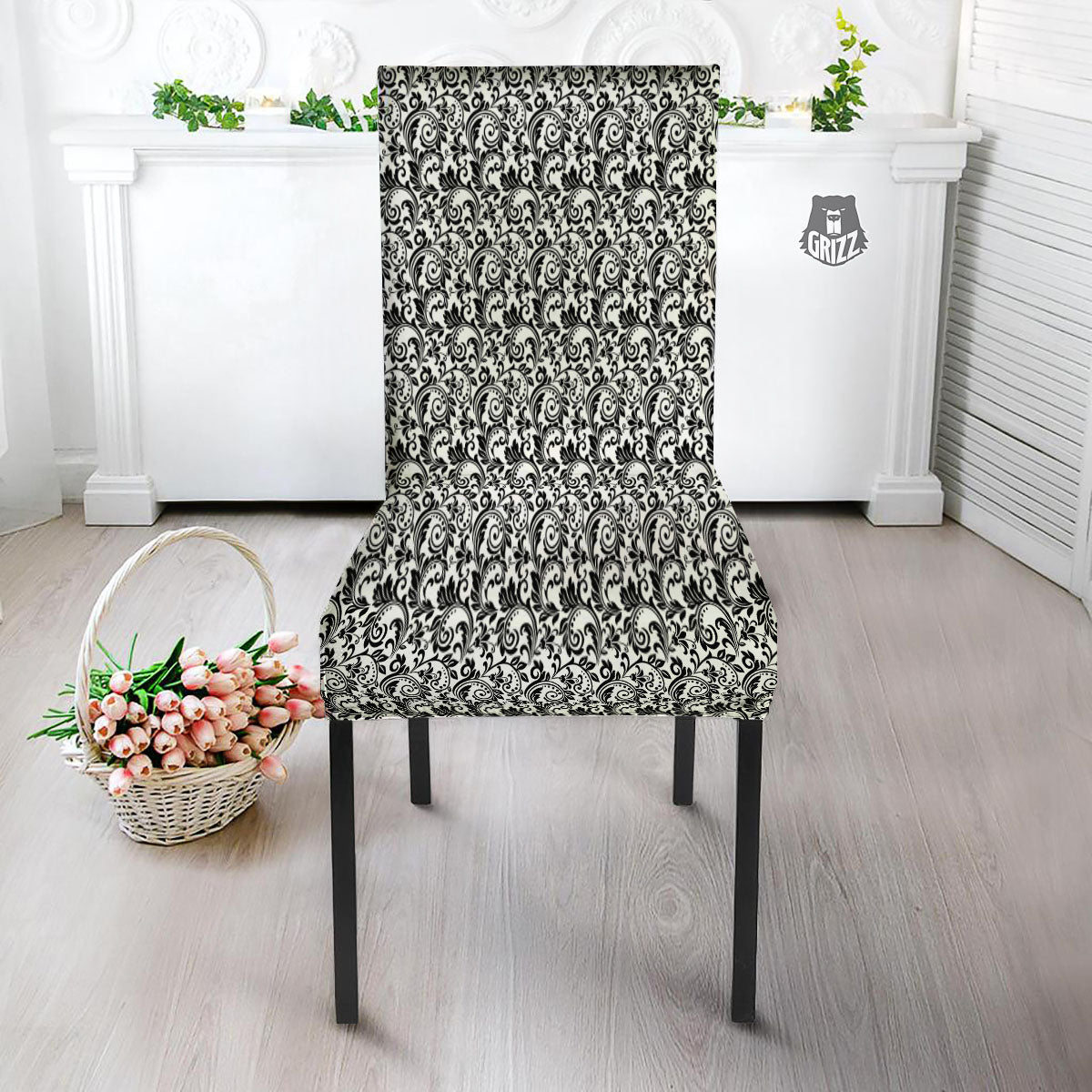 Western Flower White And Black Print Dining Chair Slipcover-grizzshop
