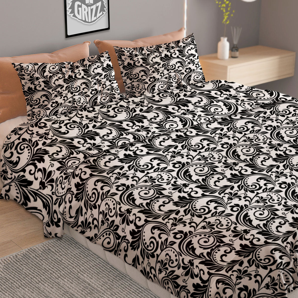 Western Flower White And Black Print Duvet Cover Bedding Set-grizzshop