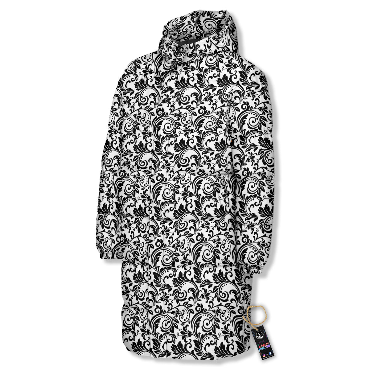 Western Flower White And Black Print Long Down Jacket-grizzshop