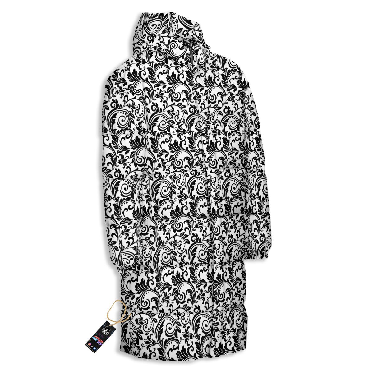 Western Flower White And Black Print Long Down Jacket-grizzshop
