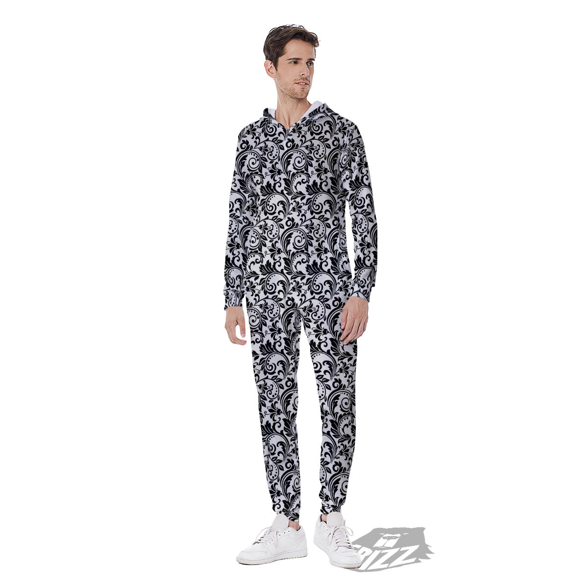 Western Flower White And Black Print Men's Jumpsuit-grizzshop