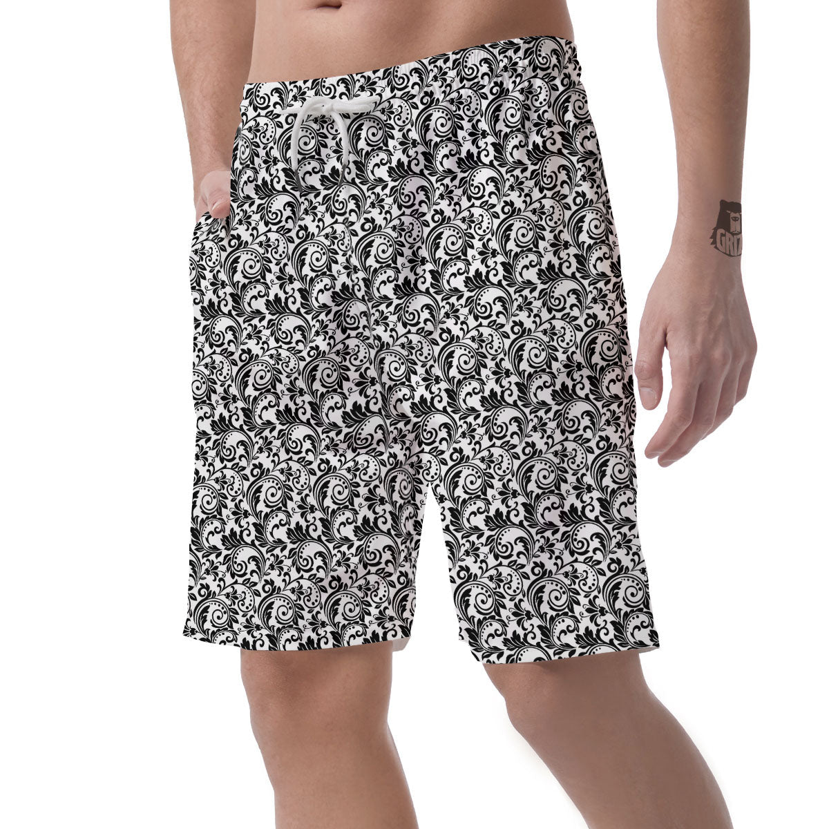 Western Flower White And Black Print Men's Shorts-grizzshop