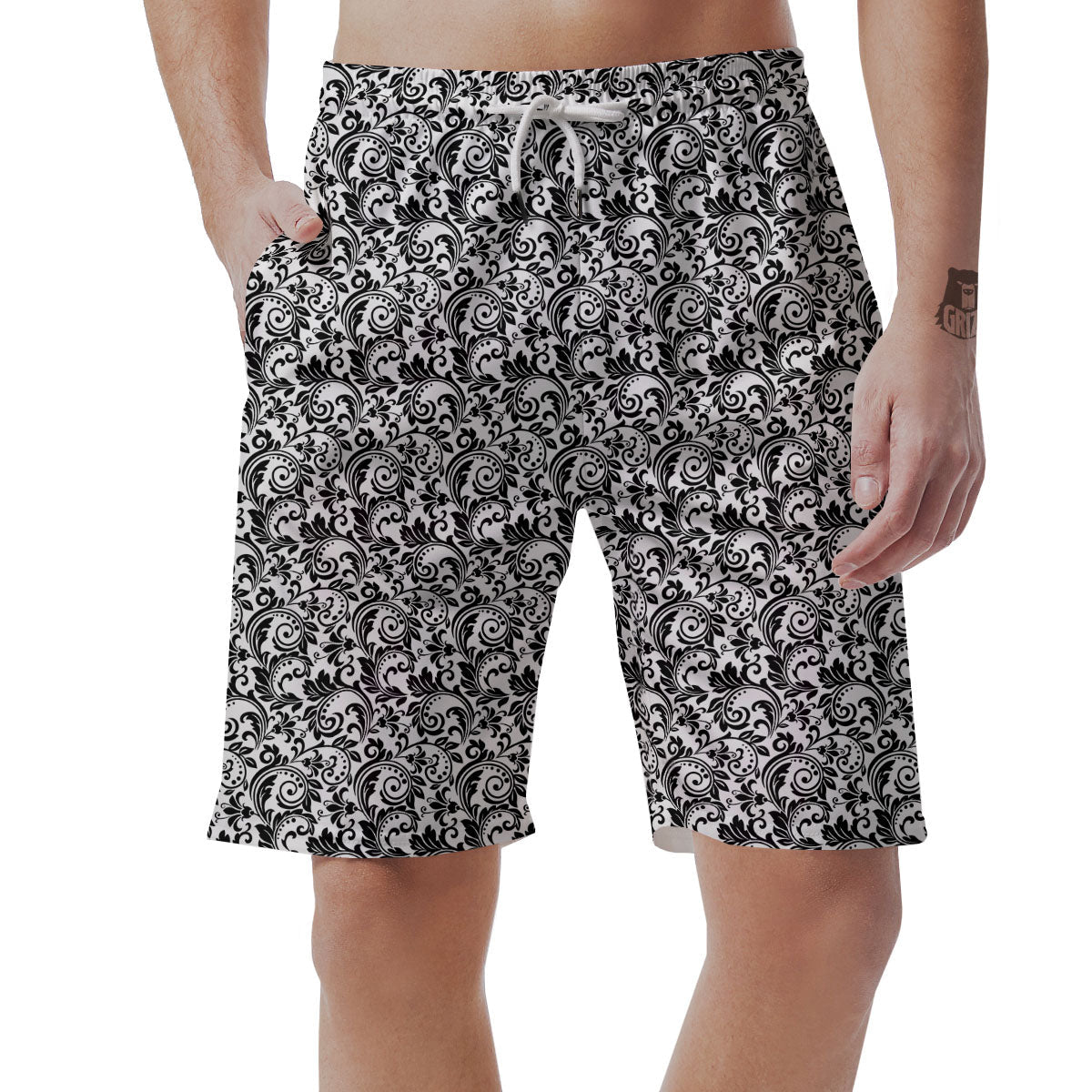 Western Flower White And Black Print Men's Shorts-grizzshop