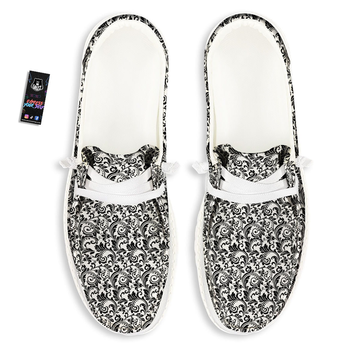 Western Flower White And Black Print White Loafers-grizzshop