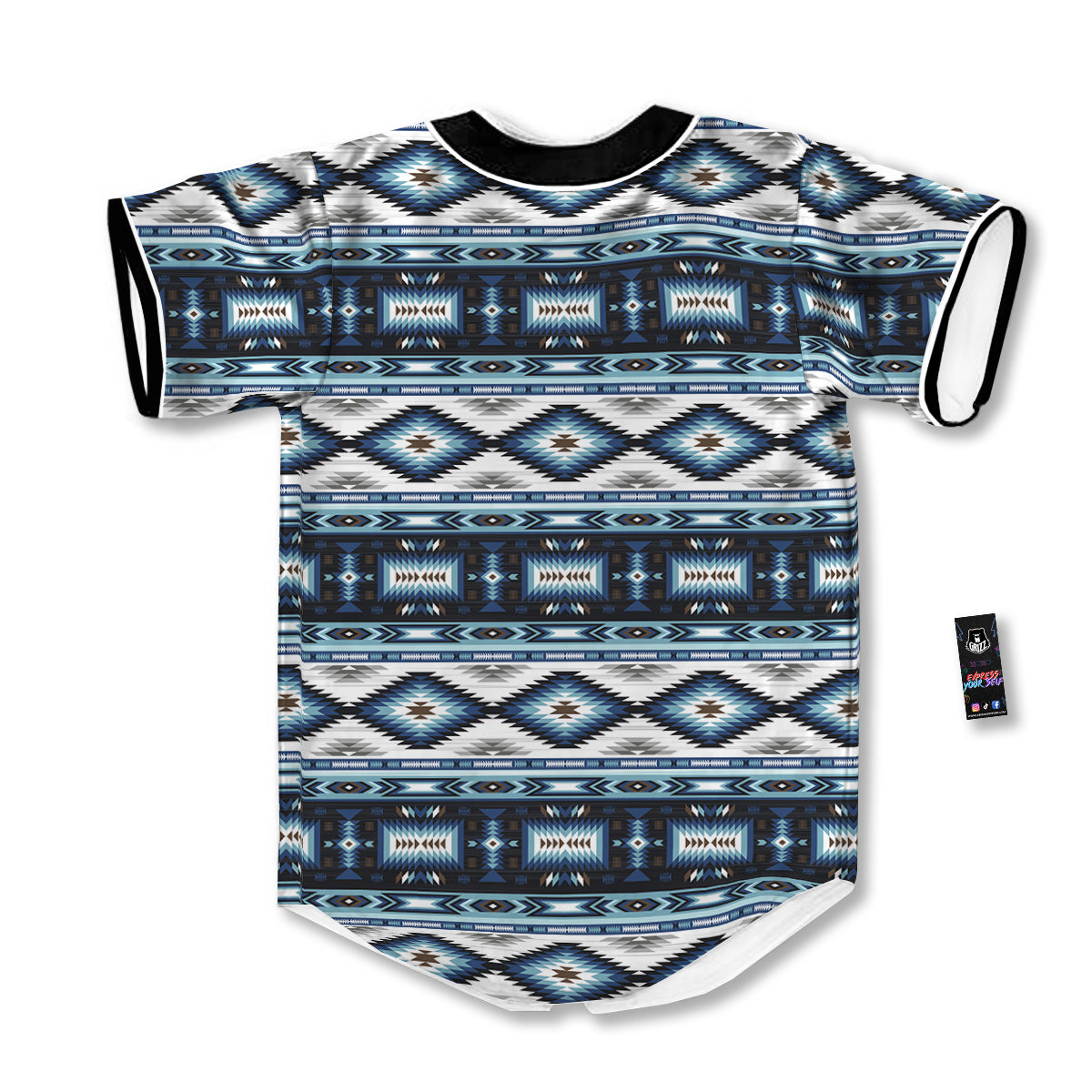 Western Navajo Blue Native Print Baseball Jersey-grizzshop