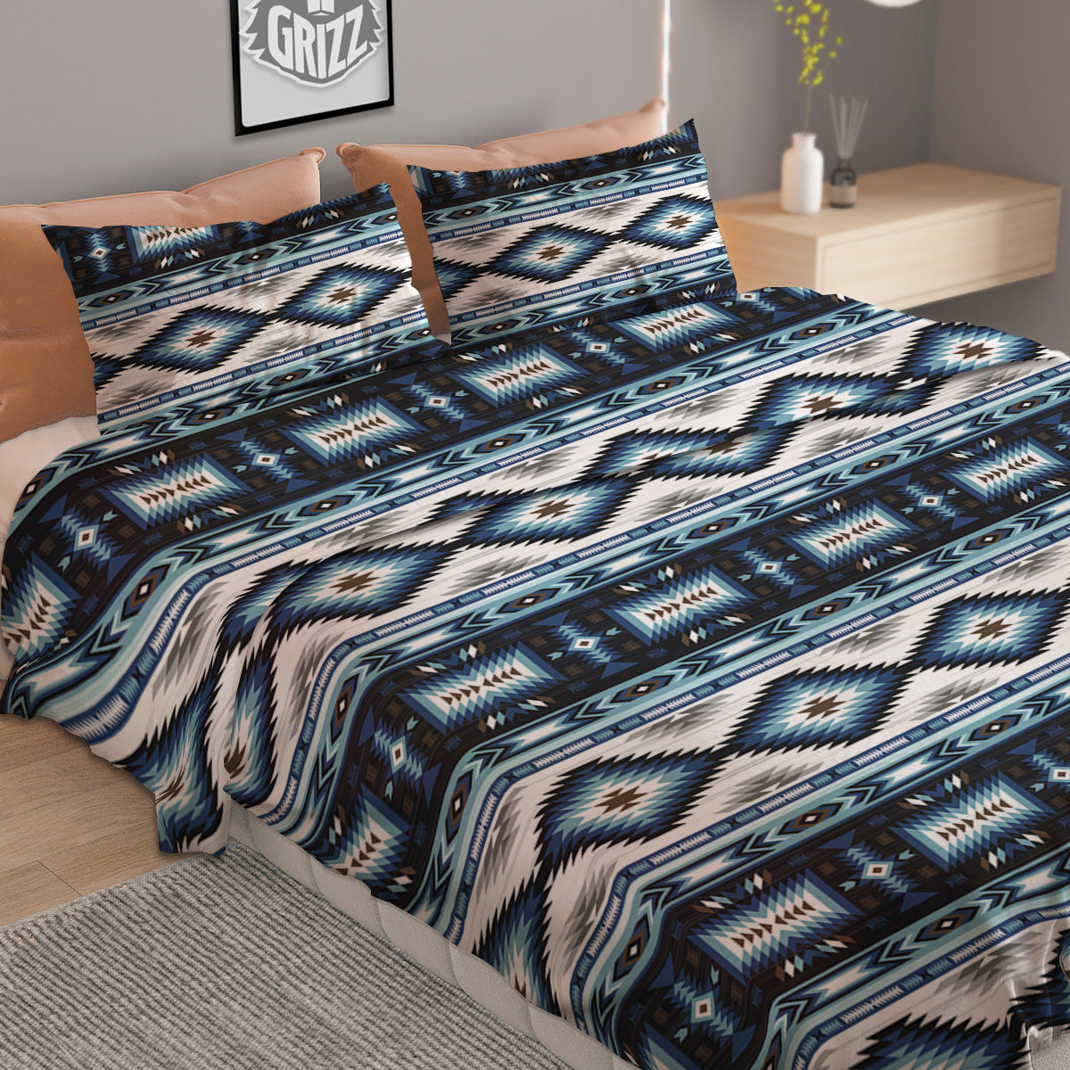 Western Navajo Blue Native Print Duvet Cover Bedding Set