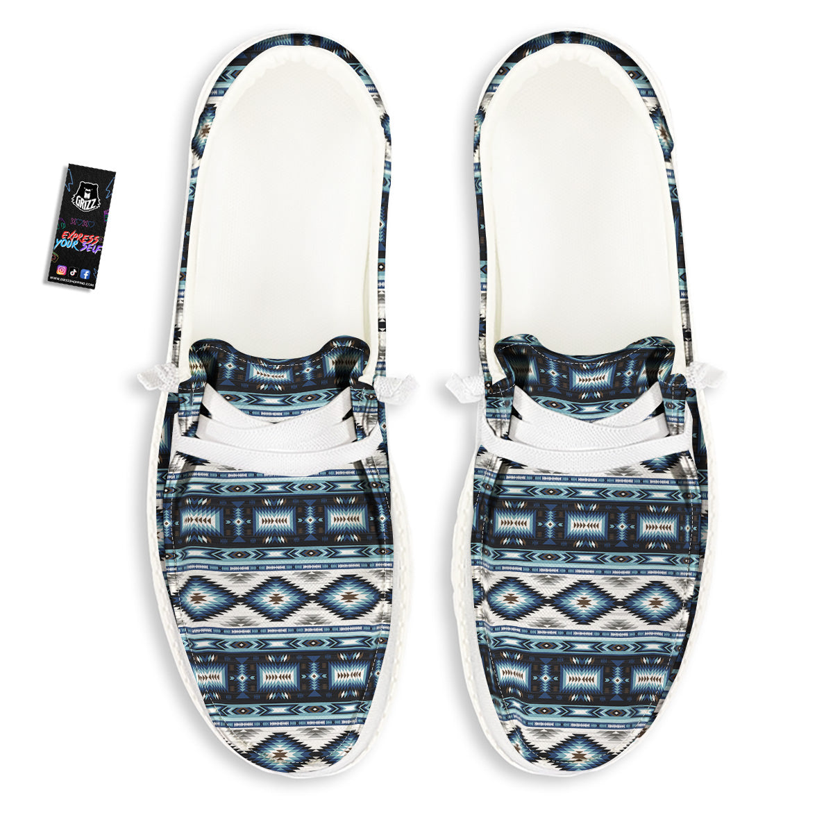 Western Navajo Blue Native Print White Loafers-grizzshop