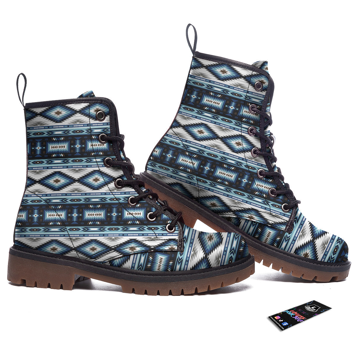 Western Navajo Blue Native Print Work Boots-grizzshop