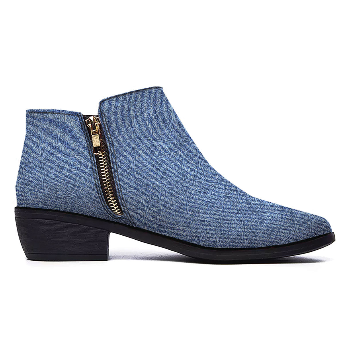 Western Paisley Blue Denim Print Ankle Boots-grizzshop
