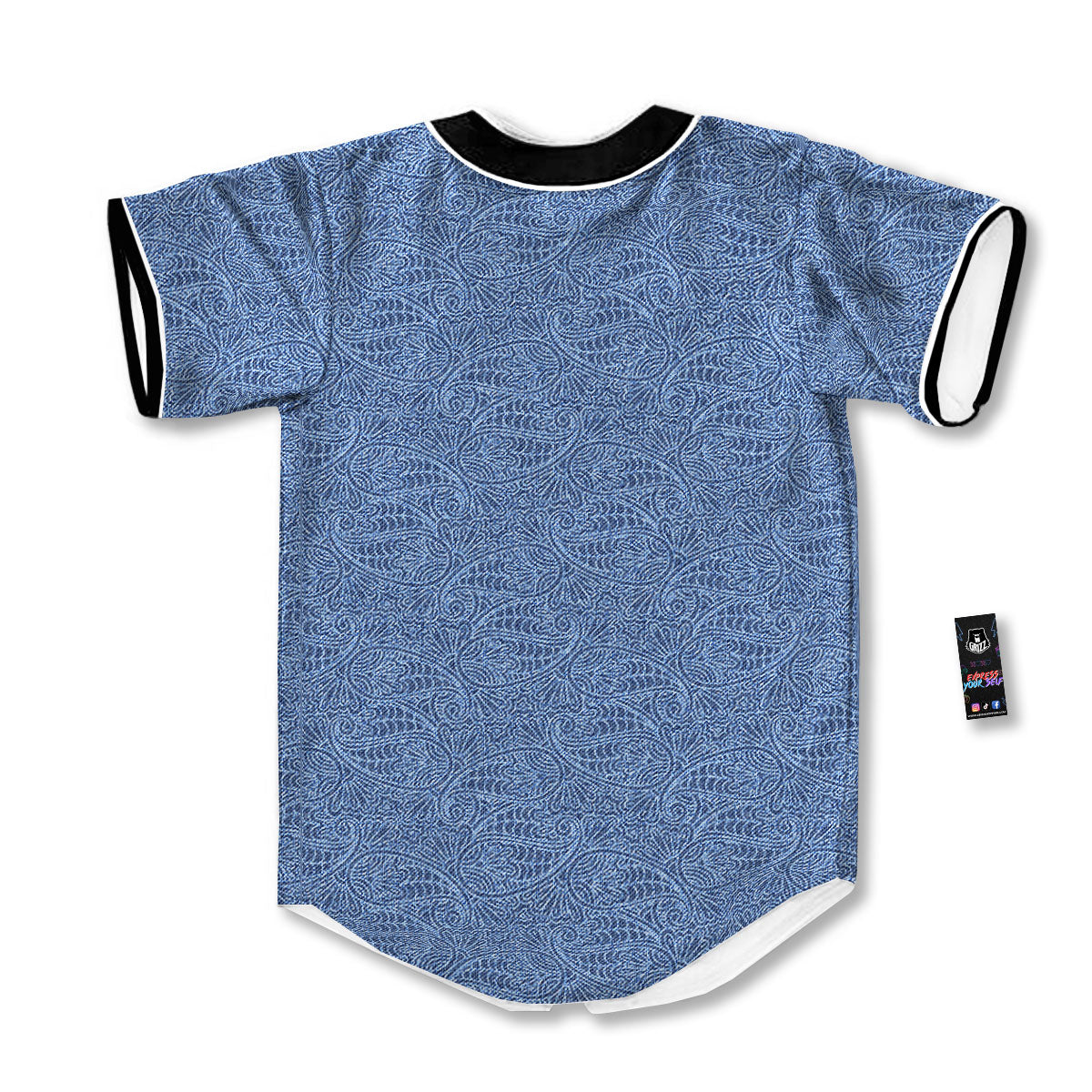 Western Paisley Blue Denim Print Baseball Jersey-grizzshop