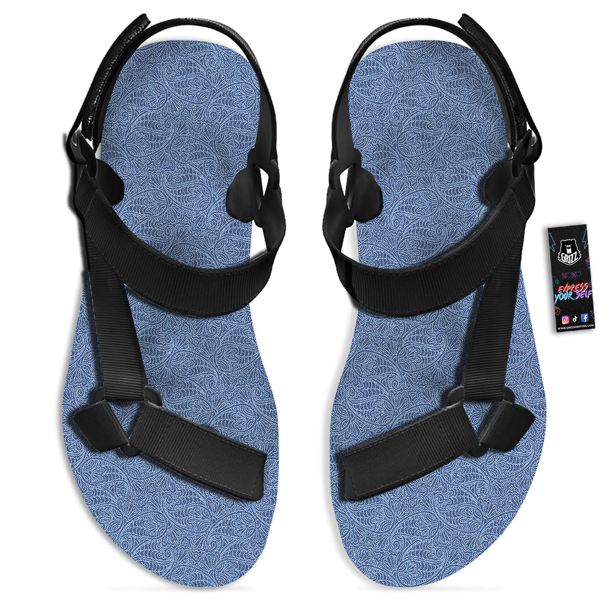 Western Paisley Blue Denim Print Black Open Toe Sandals-grizzshop