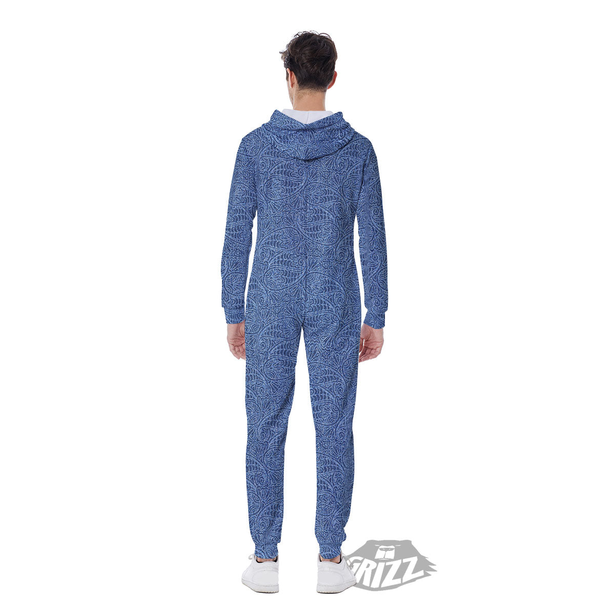 Western Paisley Blue Denim Print Men's Jumpsuit-grizzshop
