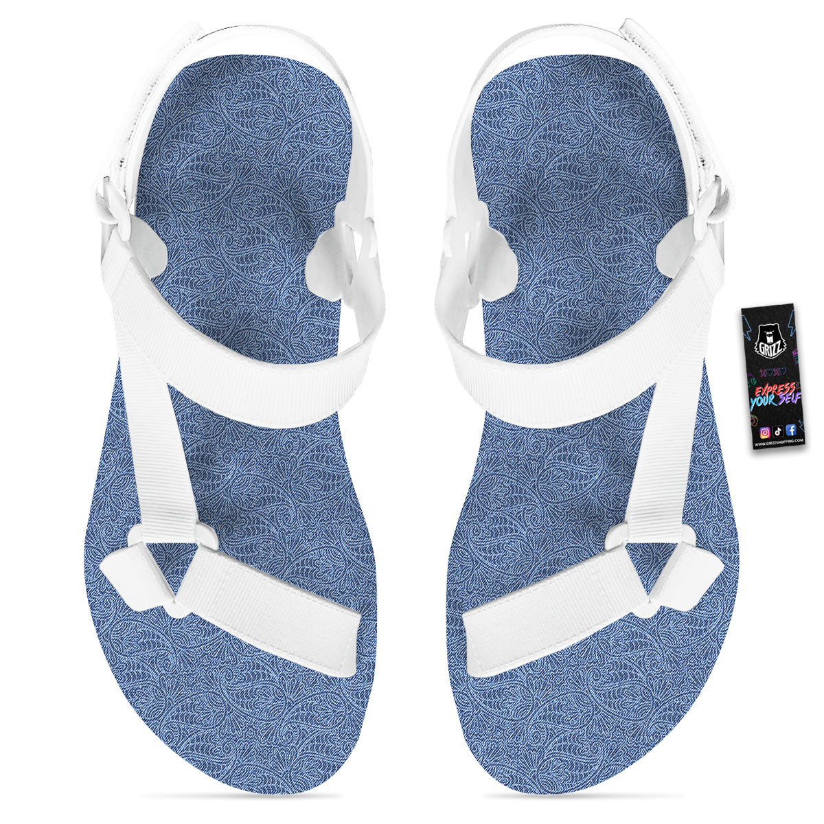 Western Paisley Blue Denim Print White Open Toe Sandals-grizzshop