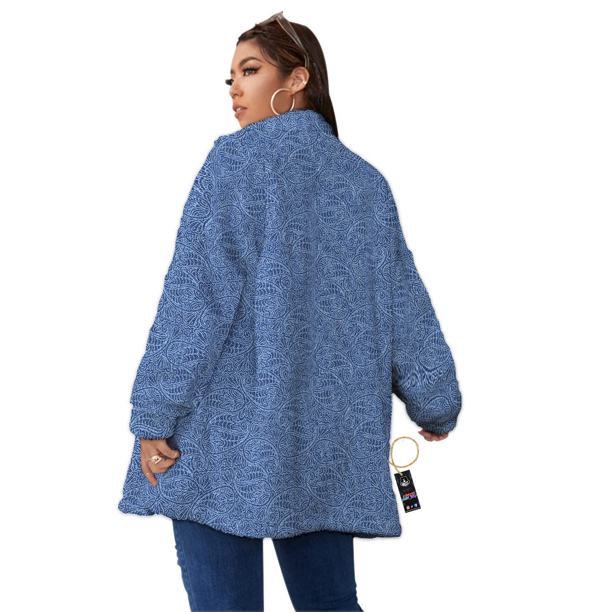 Western Paisley Blue Denim Print Women's Sherpa Jacket-grizzshop