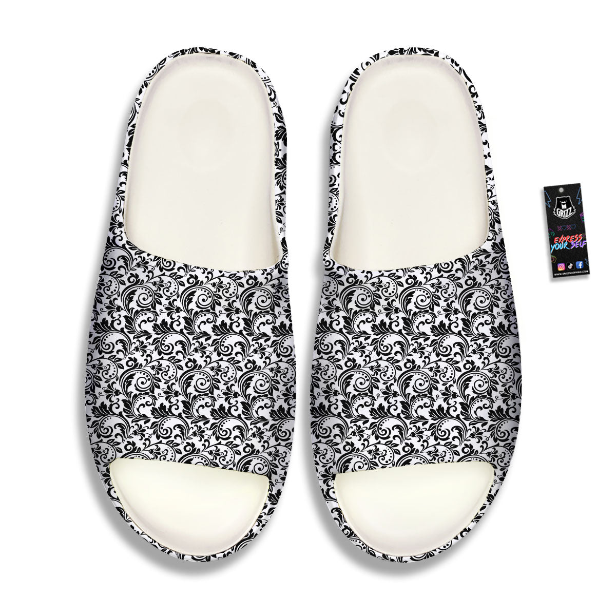 Western Flower White And Black Print Sandals-grizzshop