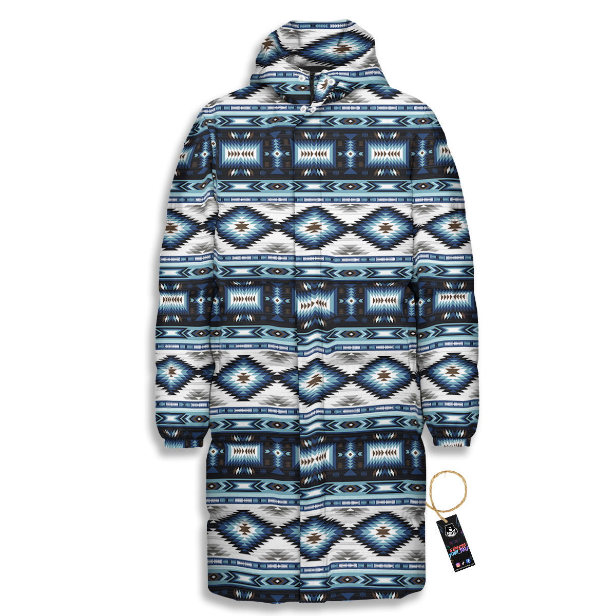 Western Navajo Blue Native Print Long Down Jacket