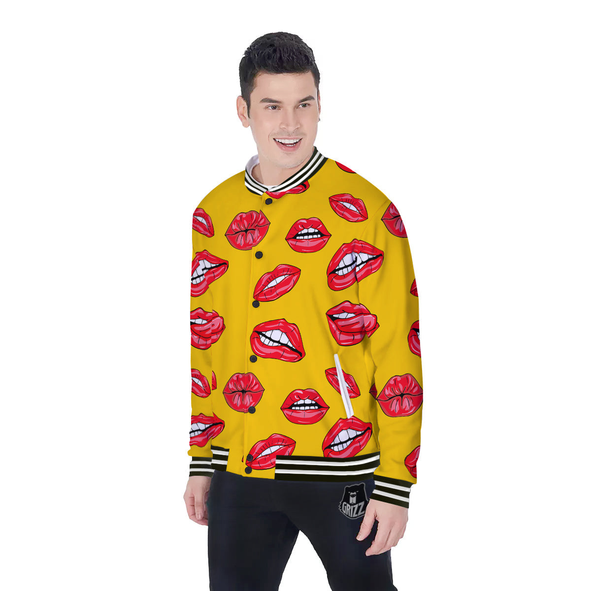 Wet Lips Print Pattern Baseball Jacket-grizzshop