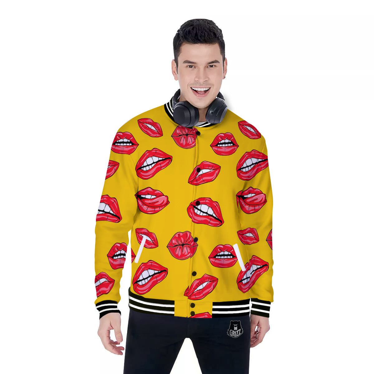 Wet Lips Print Pattern Baseball Jacket-grizzshop