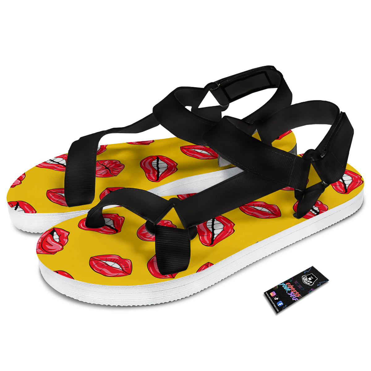 Wet Lips Print Pattern Black Open Toe Sandals-grizzshop