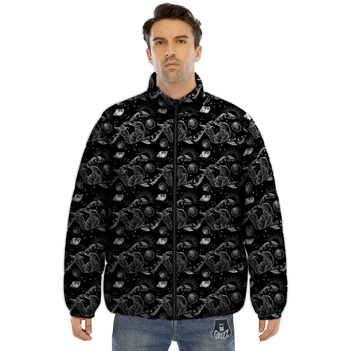 Whales and Dolphin Boho Print Pattern Puffer Jacket-grizzshop