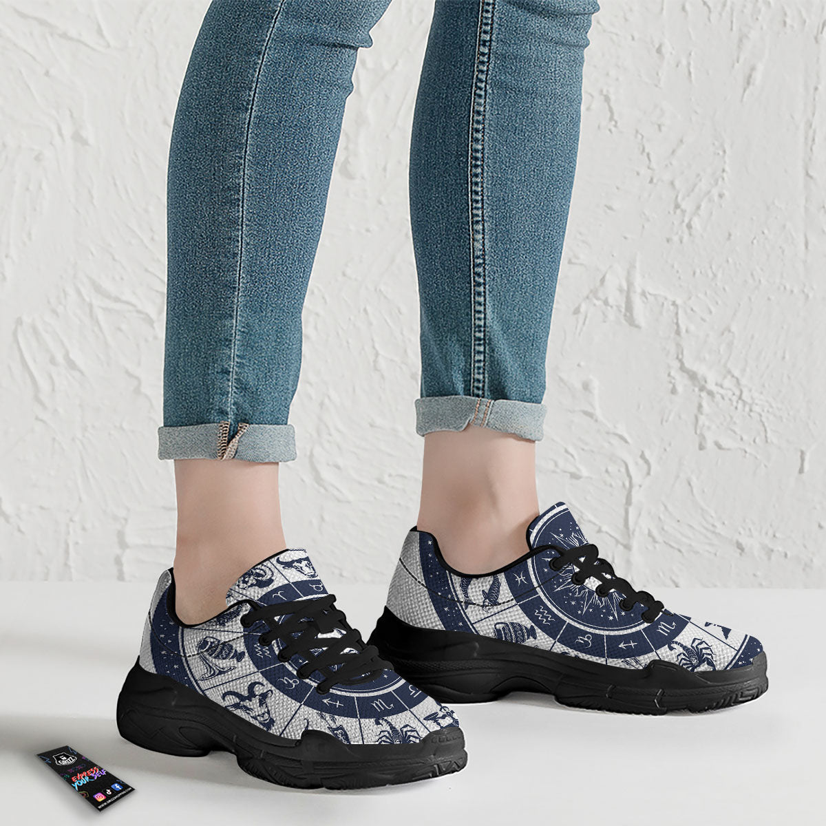 Wheel Zodiac Signs Print Black Chunky Shoes-grizzshop