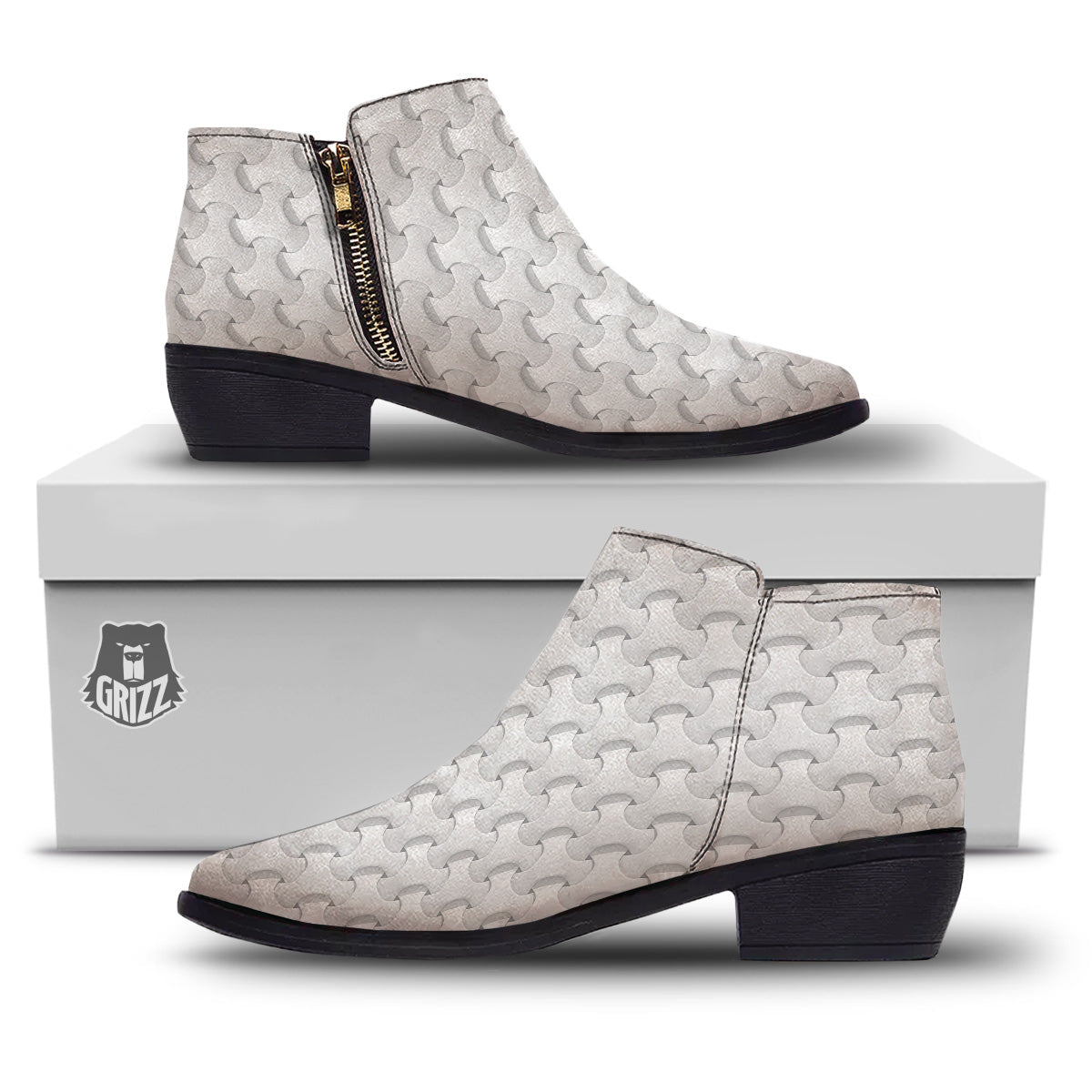 White Abstract 3D Geometric Print Pattern Ankle Boots-grizzshop
