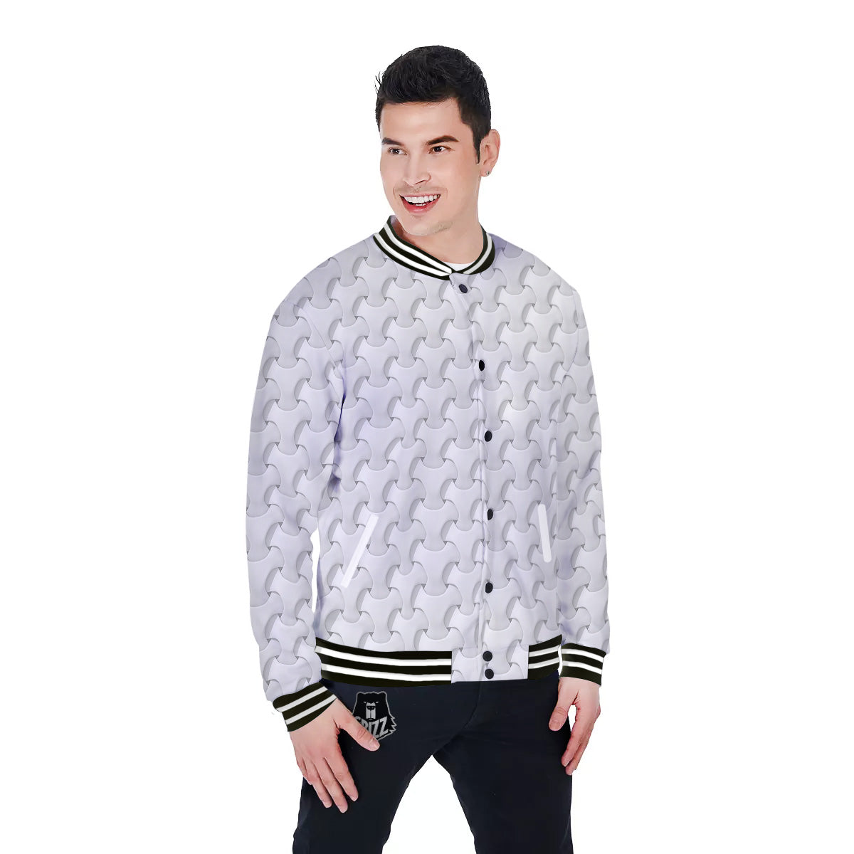 White Abstract 3D Geometric Print Pattern Baseball Jacket-grizzshop