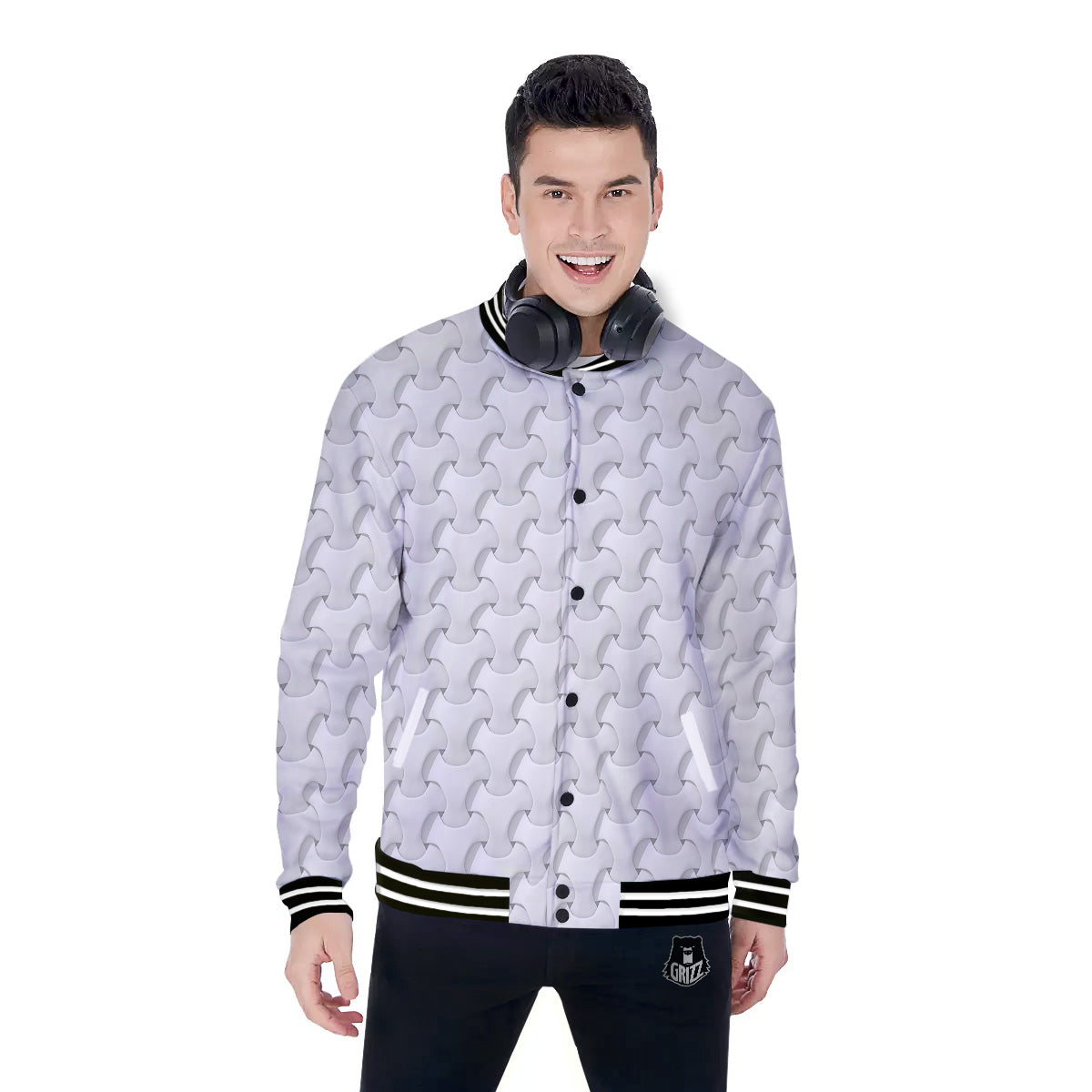 White Abstract 3D Geometric Print Pattern Baseball Jacket-grizzshop
